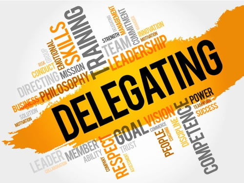 An image filled with keywords connected with delegating.